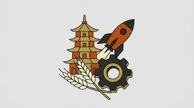 A multi-tiered pagoda, a rocket taking off, a large gear, and stalks of wheat.
