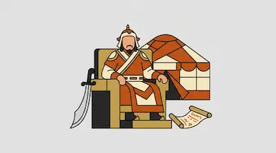 A stylized figure in a helmet and orange robes sits on a throne beside a scimitar, with a yurt and a scroll in the background.