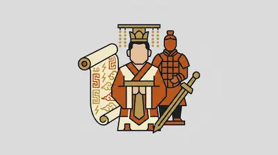A person in traditional Chinese imperial attire stands next to a terracotta warrior, an unrolled scroll, and a sword.