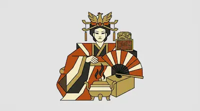 A woman in traditional East Asian robes and a phoenix headdress, holding a folding fan next to an incense burner and a decorative seal.