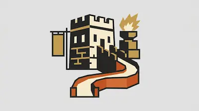 A stylized graphic of a watchtower and a winding wall path with a banner and a beacon fire.
