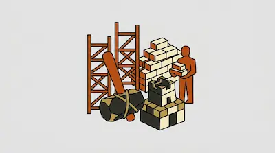 A person carries bricks next to a brick wall, a large hammer, scaffolding, and a small stone tower.