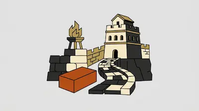 A stylized watchtower and winding stone path with a large orange brick in the foreground and a torch on a pedestal.