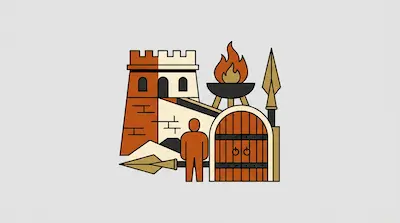 A castle tower, a person, a wooden gate, a fire brazier, and spears.