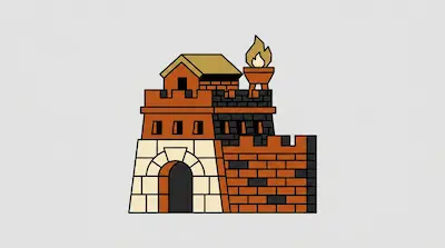 A stylized fortress with a stone archway, brick walls, and a lit torch.
