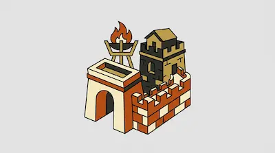 A stylized isometric fortress featuring an archway, a crenelated wall, a tower, and a flaming brazier.