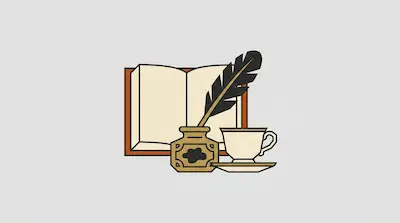 An open book, an inkwell with a quill, and a teacup on a saucer.