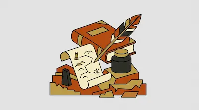 A book, a feather quill, an inkwell, and a map resting on a rocky base.