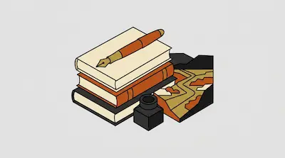 A stack of three books with a fountain pen on top, an inkwell, and a small landscape illustration.