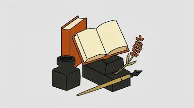 An open book sits atop two black books, surrounded by an orange book, an inkwell, a dip pen, and a floral sprig.