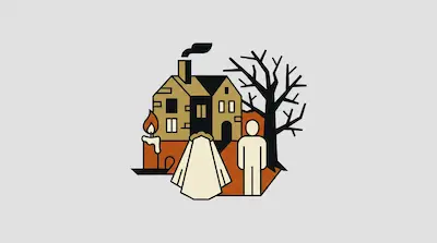 A house with a smoking chimney, a bare tree, a lit candle, and two figures, one wearing a wedding dress.