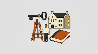 A collection of icons including a key, a house, an easel, a person, and a book.