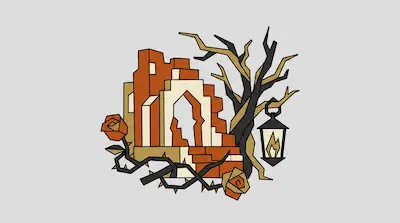 A geometric illustration of a ruined brick structure with an arched doorway, a bare tree, a hanging lantern, and thorny rose vines.