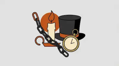 A black top hat, a lit candle, a gold pocket watch, and a heavy metal chain are grouped together.