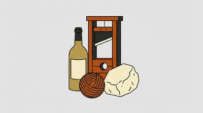 A wine bottle, a guillotine, a ball of yarn, and a block of cheese.