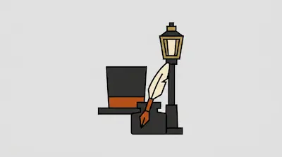 A black top hat, a quill pen in an inkwell, and a street lamp.