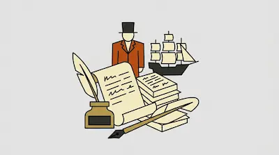 A man in a top hat and coat stands behind a sailing ship, a scroll, an inkwell with a quill, and a stack of books.