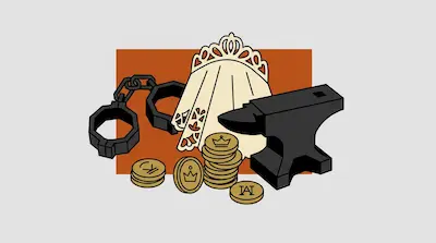 A pair of shackles, a white lace veil, a stack of gold coins, and a black anvil are grouped together.