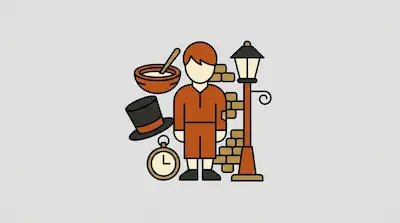 A boy in brown clothing stands among a bowl of food, a top hat, a pocket watch, and a street lamp.