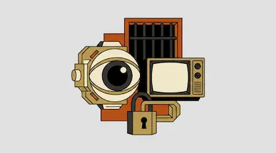 A mechanical eye, a vintage television, and a padlock are arranged in front of a barred window.