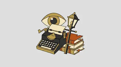 A typewriter, a stack of books, and a street lamp positioned in front of a large eye.