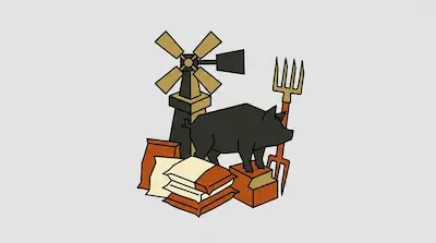 A black pig stands in front of a windmill and pitchfork, surrounded by sacks of feed.