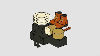 A small black figure stands next to a stack of blocks topped with oversized plates, boots, a loaf of bread, and a pot.