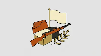 A rifle, a garrison cap, a flag, a box, and a leafy branch are arranged in a cluster.