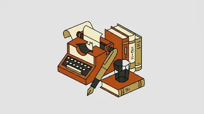 An orange typewriter, a fountain pen, and several books are grouped together.