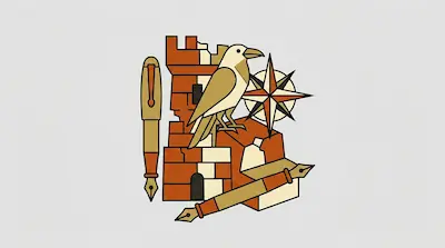 Flat illustration of a tan bird perched on a brick tower with fountain pens and a compass rose on a grey background