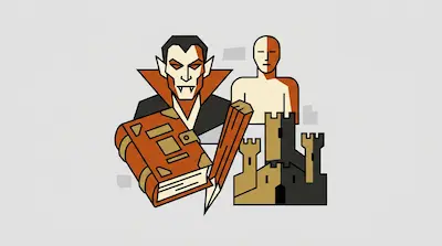 Flat illustration of a vampire, a wooden stake, a book, and a castle silhouette on a light gray background