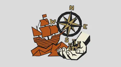 Flat illustration of a brown sailing ship, a compass rose, and a hand holding a small castle on a gray background
