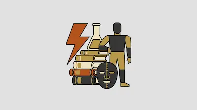 Flat illustration of a masked figure standing by a stack of books, a lightning bolt, and a beaker on a gray background