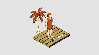 Flat isometric illustration of a man standing on a wooden raft with a palm tree and a telescope on a gray background
