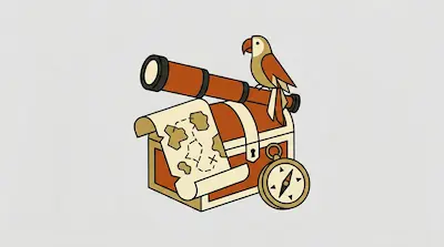 Flat illustration of a pirate treasure chest with a telescope, a compass, a map, and a parrot on a gray background