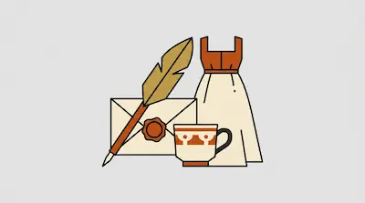 A quill pen rests against a sealed envelope next to a teacup and a dress.