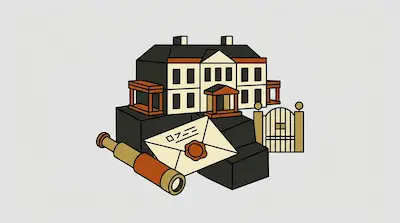 A two-story house sits behind a telescope, a sealed envelope, and a gated entrance.