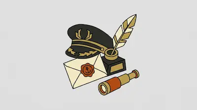 A captain's hat, an envelope with an anchor wax seal, an inkwell with a quill, and a telescope.