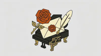 A stylized grand piano with a sealed envelope, a quill pen, and a rose.