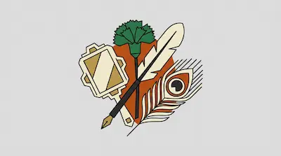 A stylized arrangement of a green flower, a hand mirror, a fountain pen, a white quill, and a peacock feather against an orange circle.