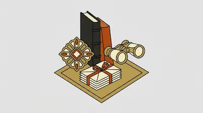 An isometric collection of two books, a pair of binoculars, a stack of letters tied with a ribbon, and a decorative gold brooch.