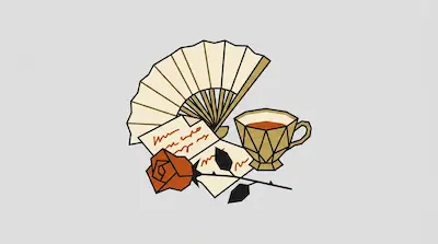 A geometric illustration featuring a folding fan, a teacup, a handwritten letter, and a rose.