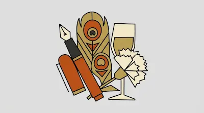 A stylized arrangement of a fountain pen, a peacock feather, a wine glass, and a carnation flower in shades of orange, gold, and cream.