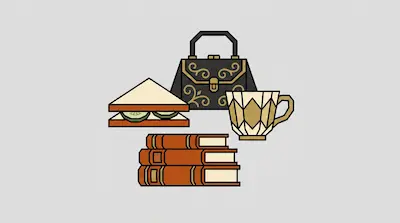 A cucumber sandwich, a decorative black handbag, a patterned teacup, and a stack of three books.