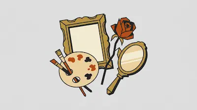 A gold picture frame, a red rose, a hand mirror, and a paint palette with brushes are arranged in a cluster.
