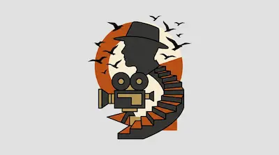 Flat illustration of a man in a hat, a vintage film camera, and a spiral staircase surrounded by flying birds