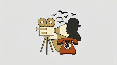 Flat illustration of a vintage movie camera, a rotary telephone, and a silhouette of a man in a hat with flying birds