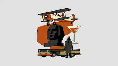 Flat illustration of a biplane, a stone head statue, a vintage car, and a man in a trench coat on a gray background