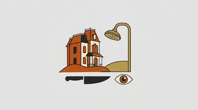 Flat illustration of a Victorian house, a shower head, a kitchen knife, and a human eye on a light gray background