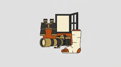 Flat illustration of a camera with a long lens, binoculars, and a leg in a cast next to an open window on a grey background